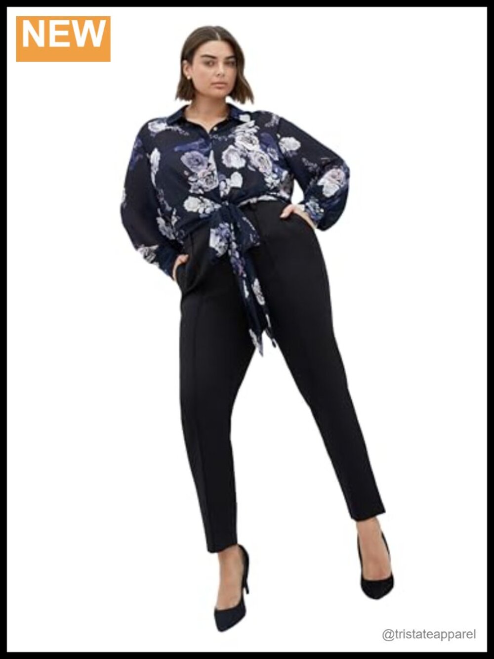 City Chic Plus Size Tie Front Floral Blouse Relaxed Fit Sheer Long Sleeve